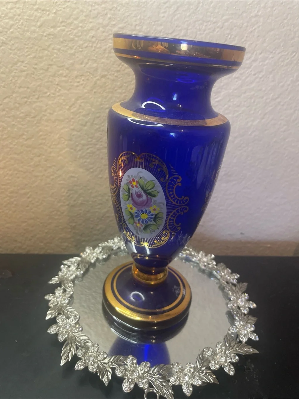 Gorgeous Bohemian Czech Republic Gilted Cobalt Blue Glass 8” Royal Vase